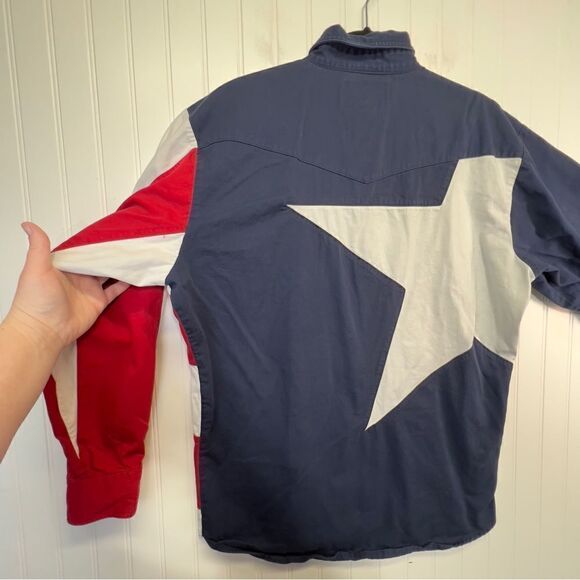 90's Wrangler Western Shirt Texas Flag Button Down Long Sleeve Red White Blue L - Picture 10 of 15